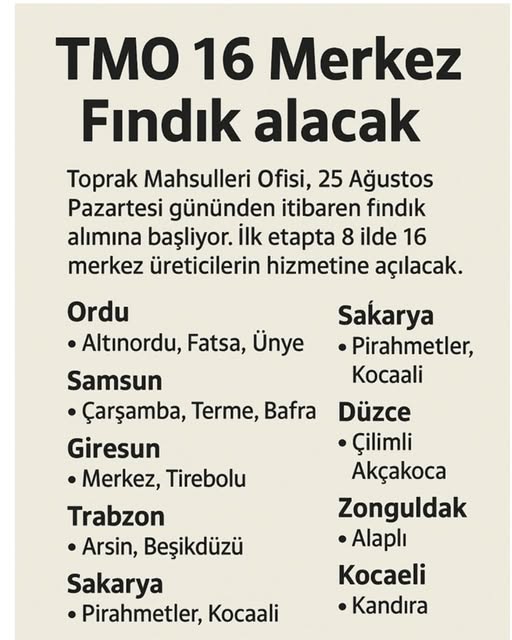 TMO Ordu’da 3 Merkezde Fındık Alımına Başlıyor